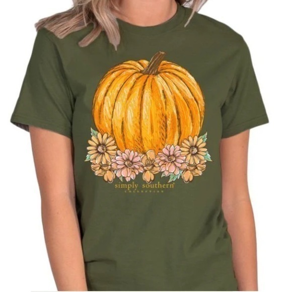 NWT Simply‎ Southern Fall Floral Pumpkin Short Sleeve Tshirt Heather Green XL - Picture 1 of 6